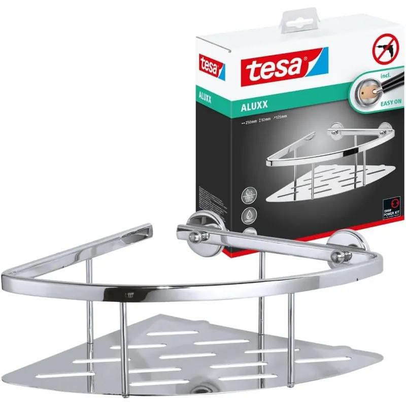 tesa ALUXX Eckablage für die Dusche, Aluminium, verchromt, rostfrei, inkl. Klebelösung, tiefer Boden