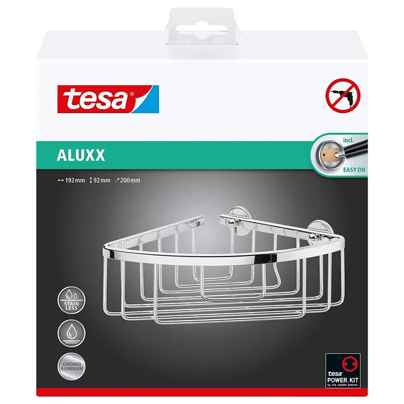 tesa ALUXX Eckduschkorb (NICHT BOHREN, Aluminium, verchromt, rostfrei, inkl. Klebelösung, 92mm x 192mm x 200mm) 40200-00000