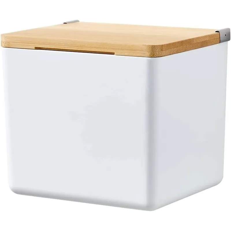 tesa Baboo Badorganizer S mit Bambus-Deckel, matt-weiß - Bad-Aufbewahrungsbox zur Wandmontage ohne Bohren, inkl. tesa Powerstrips Waterproof Strips XL - 122 mm x 110 mm x 102 mm