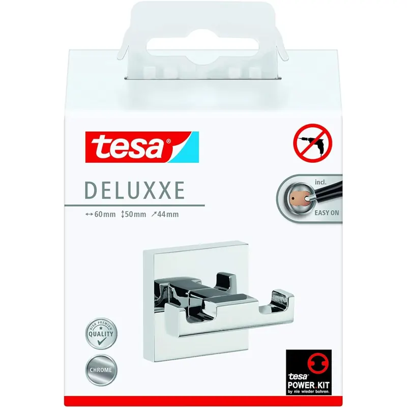 tesa DELUXXE Doppel-Handtuchhaken, verchromt - Bad-Haken mit doppelter Aufhänge-Lösung, zur Wandbefestigung ohne Bohren, inkl. Klebelösung