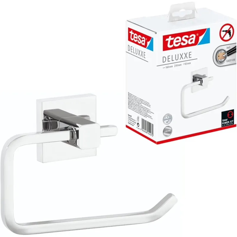 tesa DELUXXE Toilettenpapierhalter ohne Deckel, verchromt - zur Wandbefestigung ohne Bohren, inkl. Klebelösung