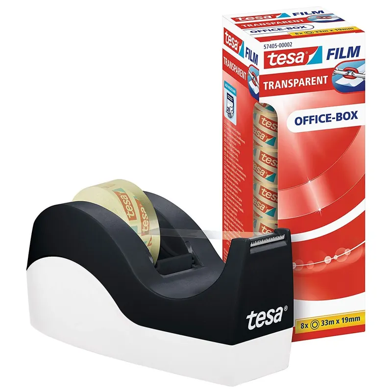 tesa Easy Cut Orca Tischabroller (rutschfest, einfache Handhabung, sauberer Schnitt mit 8 Rollen tesafilm transparent 33m:19mm)