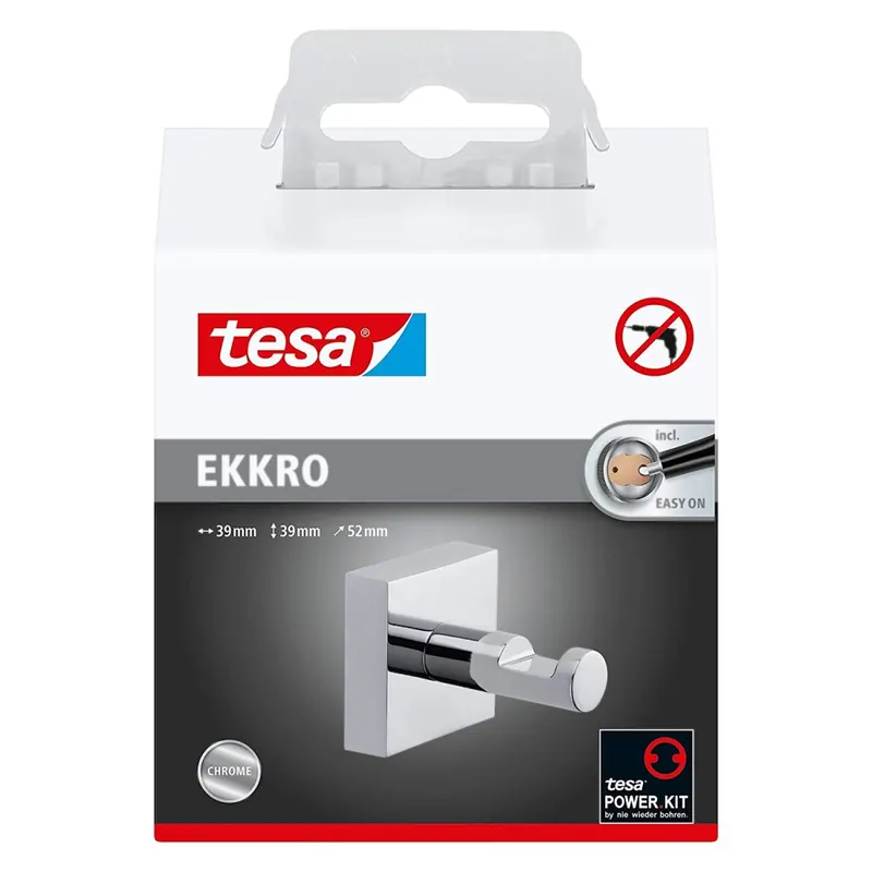 Tesa ekkro Handtuchhaken (NICHT BOHREN, hochglanzverchromt, inkl. Klebelösung, hohe Haltekraft (bis 4kg), 39mm x 39mm x 52mm) 40235-00000