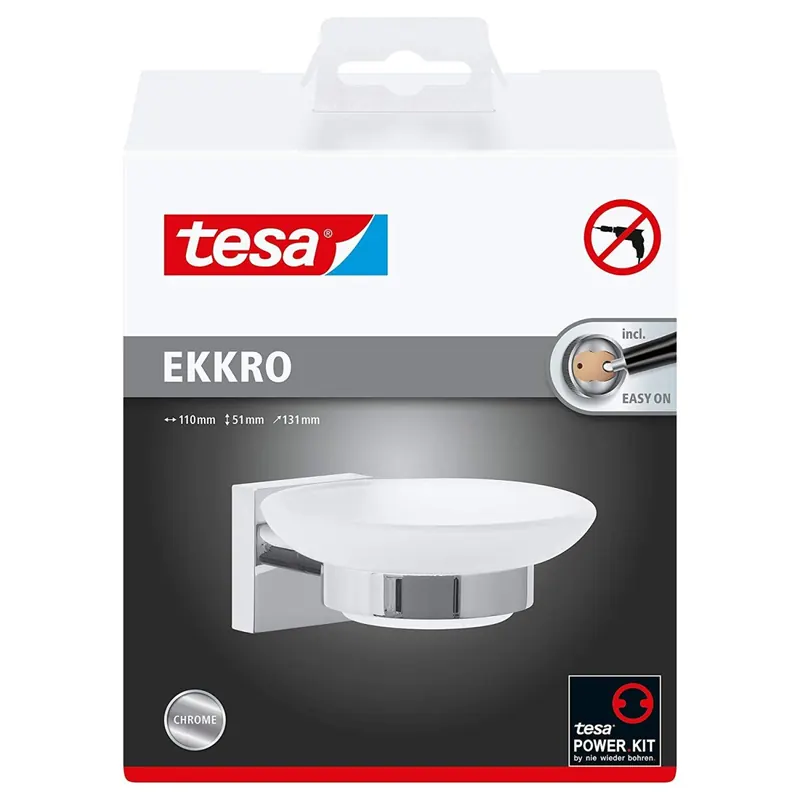 Tesa ekkro Seifenschale (NICHT BOHREN) verchromt, satinierte Glasschale (abnehmbar), inkl. Klebelösung, 51mm x 110mm x 131mm) 40240-00000