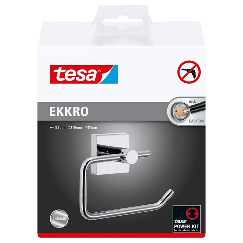 Tesa ekkro Toilettenpapierhalter (NICHT BOHREN, hochglanzverchromt, inkl. Klebelösung, hohe Haltekraft (bis 6kg), 110mm x 133mm x 47mm) 40232-00000