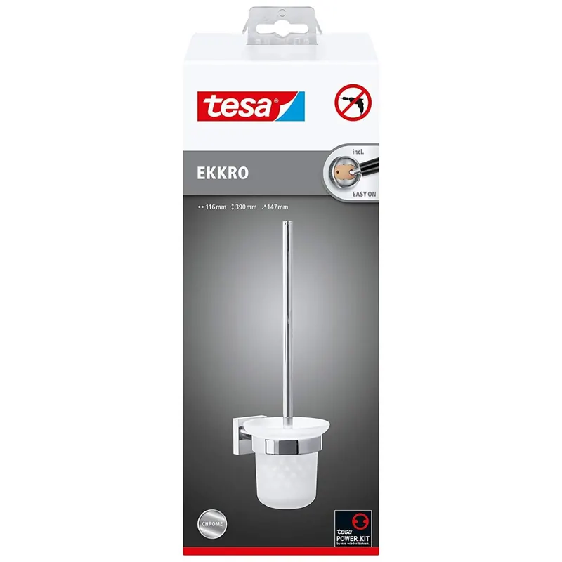Tesa ekkro WC-Bürstengarnitur (NICHT BOHREN, verchromter Edelstahl, inkl. Klebelösung für die Wandmontage, 390mm x 116mm x 147mm) 40233-00000