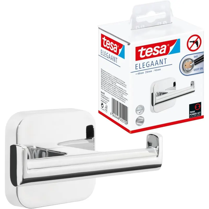 tesa ELEGAANT Doppel-Handtuchhaken, verchromt - Bad-Haken mit doppelter Aufhänge-Lösung, zur Wandbefestigung ohne Bohren, inkl. Klebelösung
