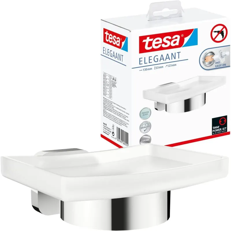 tesa ELEGAANT Seifenschale mit Wandhalterung, satiniertem Glas und verchromtem Edelstahl - zur Wandbefestigung ohne Bohren, inkl. Klebelösung