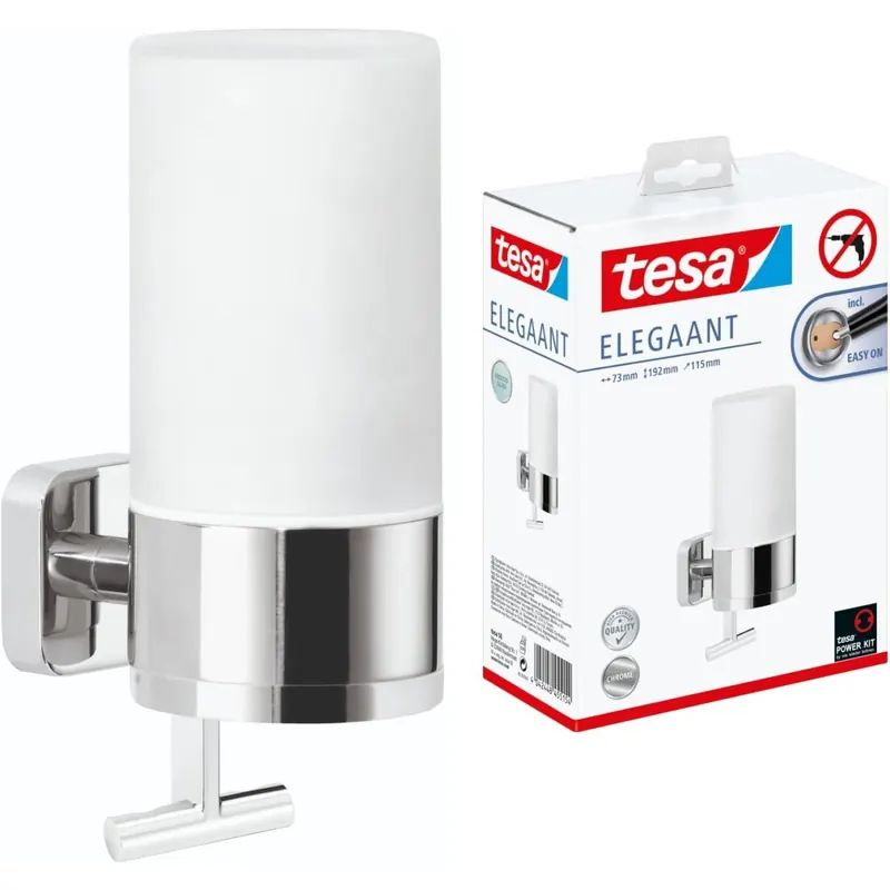 tesa ELEGAANT Seifenspender-Set, Milchglas und verchromtes Metall - Flüssigseifenspender zur Wandbefestigung ohne Bohren, inkl. Klebelösung