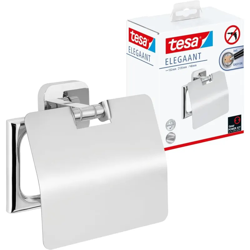 tesa ELEGAANT Toilettenpapierhalter mit Deckel, verchromt - zur Wandbefestigung ohne Bohren, inkl. Klebelösung