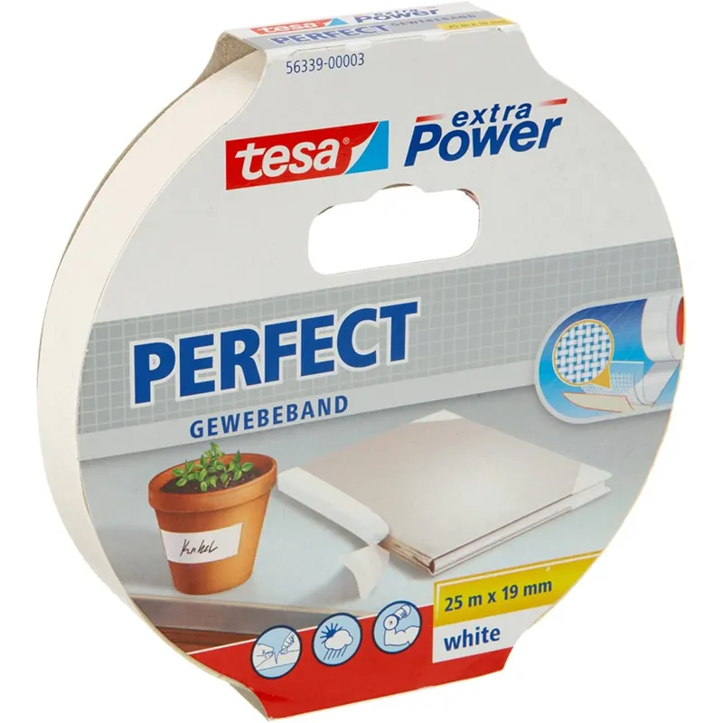 tesa extra Power Perfect Gewebeband - Gewebeverstärktes Ductape zum Basteln, Reparieren, Befestigen, Verstärken und Beschriften - Weiß - 25 m x 19 mm