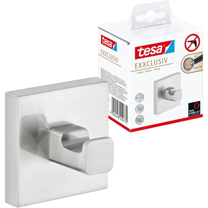 tesa EXXCLUSIV Handtuchhaken, verchromt - Bad-Haken zur Wandbefestigung ohne Bohren, inkl. Klebelösung - 50 mm x 50 mm x 39 mm