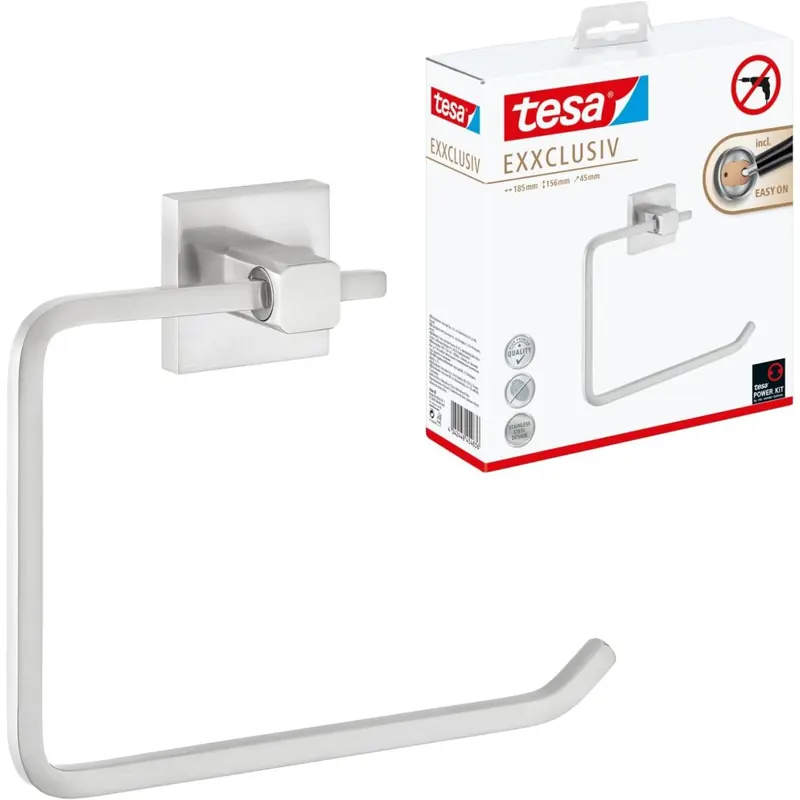 tesa EXXCLUSIV Handtuchring, verchromt - Handtuchhalter-Ring eckig - zur Wandbefestigung ohne Bohren, inkl. Klebelösung - 185mm x 156mm x 45mm