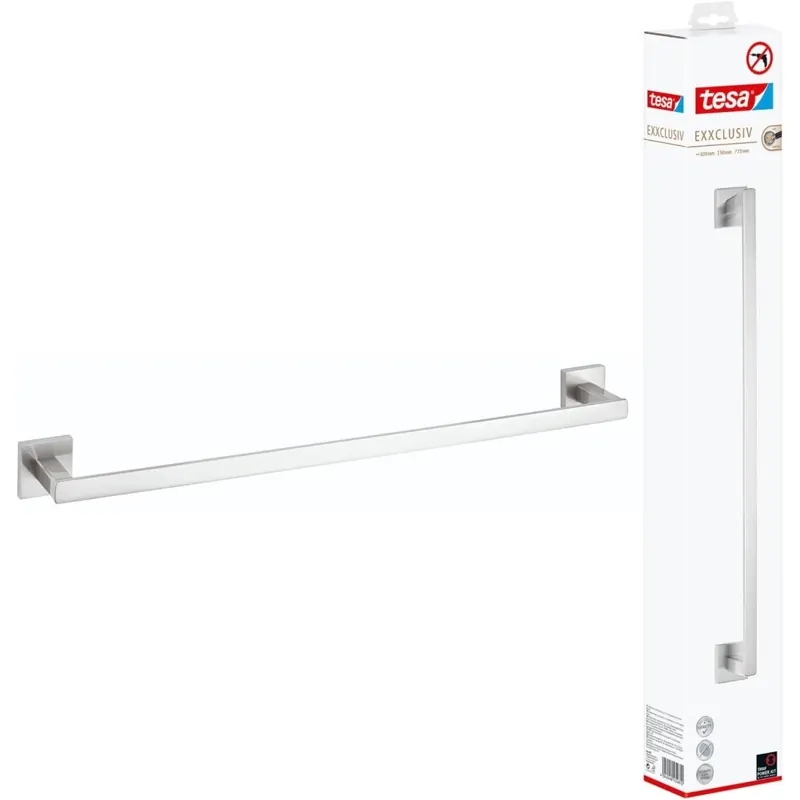 tesa EXXCLUSIV Handtuchstange, verchromt - Badetuchhalter zur Wandbefestigung ohne Bohren, inkl. Klebelösung - 630mm x 50mm x 73mm