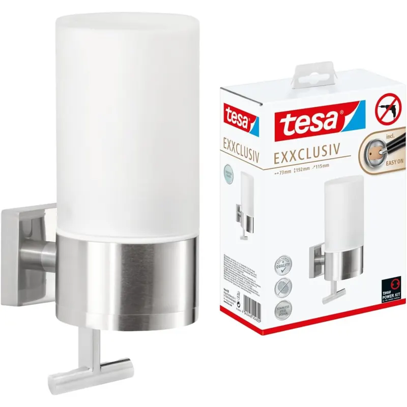 tesa EXXCLUSIV Seifenspender-Set, Milchglas und verchromtes Metall - Flüssigseifenspender zur Wandbefestigung ohne Bohren, inkl. Klebelösung