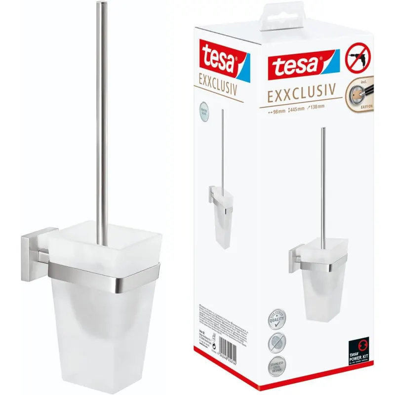 tesa EXXCLUSIV Toilettenbürsten-Set, verchromt, mit satiniertem Glas - zur Wandbefestigung ohne Bohren, inkl. leistungsstarker Klebelösung