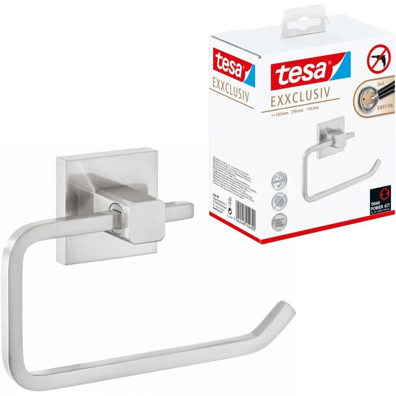 tesa EXXCLUSIV Toilettenpapierhalter ohne Deckel, verchromt - zur Wandbefestigung ohne Bohren, inkl. Klebelösung