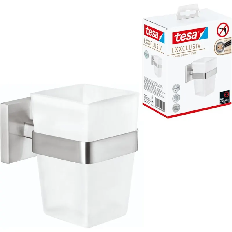 tesa EXXCLUSIV Zahnputzbecher mit Halterung - Becher aus Milchglas, verchromte Wandhalterung - zur Wandbefestigung ohne Bohren - 70mm x 100mm x 113mm