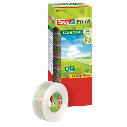 tesa film CLEAR RECYCLED - transparentes Klebeband - 100% recycelter Kunststoff - reißfest - Klebestark, lösungsmittelfrei und alterungsbeständig - 8 Rollen á 33 m x 19 mm
