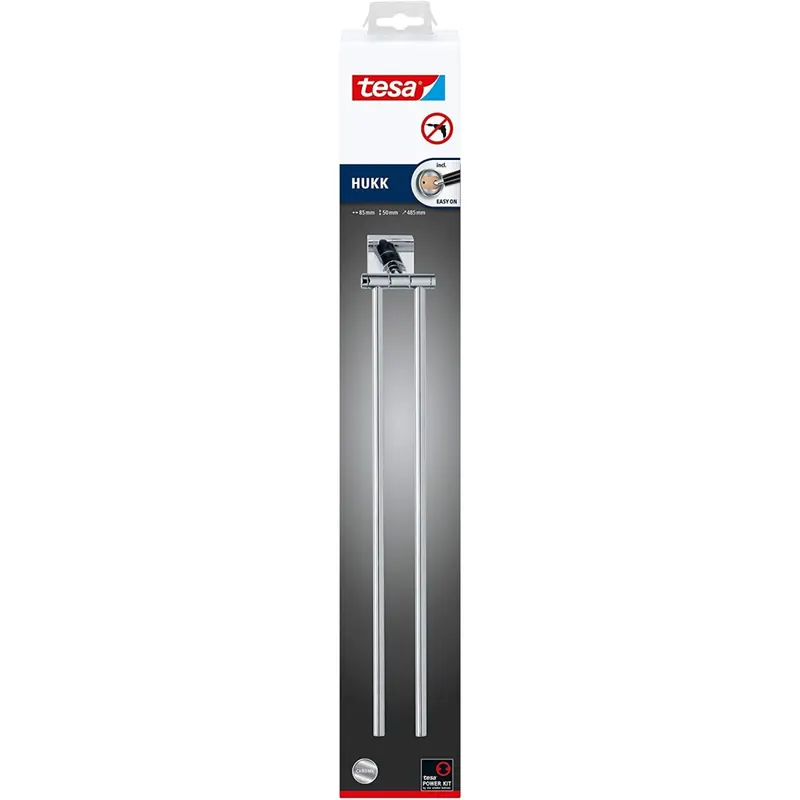 tesa HUKK Bad Handtuchhalter, 2-armig und schwenkbar, verchromt - zur Wandbefestigung ohne Bohren, inkl. Klebelösung - 485 mm x 50 mm x 84 mm