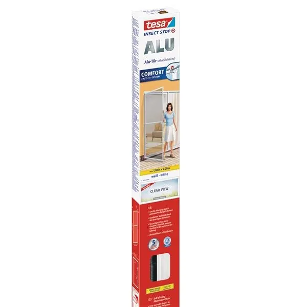 tesa Insect Stop ALU COMFORT Fliegengitter für Türen - Insektengitter mit Aluminium-Rahmen & Clear View - Tür Insektenschutz - Weiß, 100 cm x 220 cm