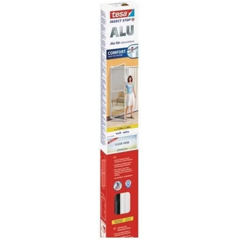 tesa Insect Stop ALU COMFORT Fliegengitter für Türen XL - Insektengitter mit Aluminium-Rahmen & Clear View - Tür Insektenschutz - Weiß, 120 cm x 240 cm
