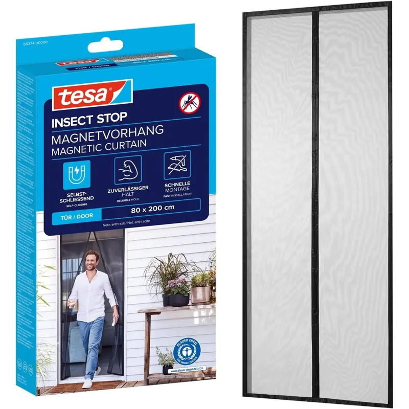 tesa INSECT STOP Magnetvorhang - selbstschließend - Insektenschutzvorhang mit Magneten für Balkon- und Terrassentüren - zur einfachen Montage ohne Bohren - 2,0 m x 0,8 m