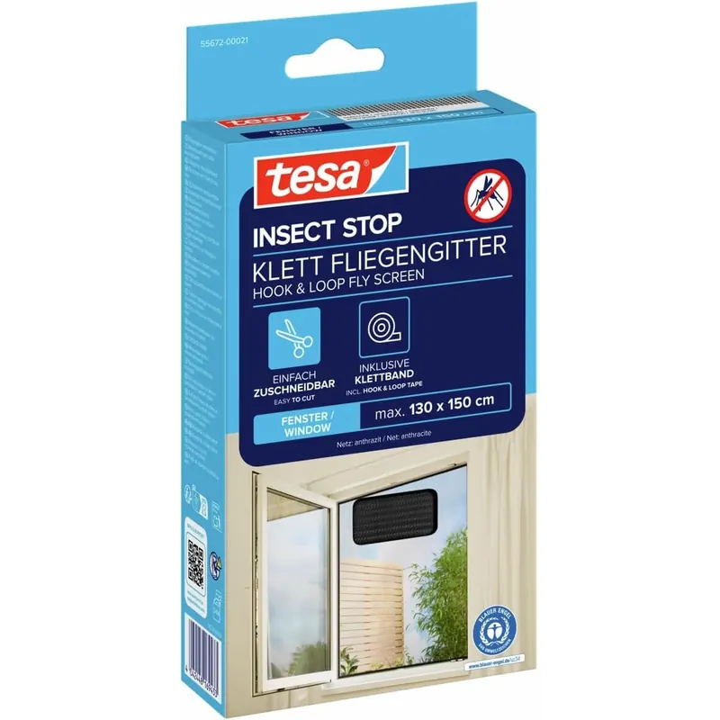 tesa Insect Stop Standard Fliegengitter für Fenster - Insektenschutz zuschneidbar - Mückenschutz ohne Bohren - 1 x Fliegen Netz - 130 cm x 150 cm - Anthrazit