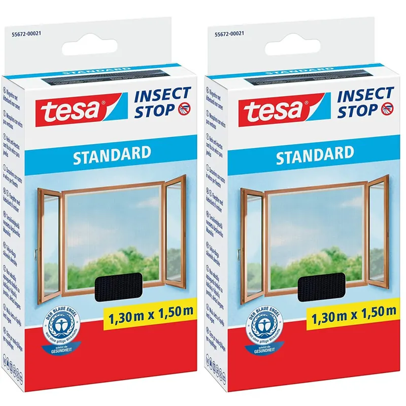 tesa® Insect Stop STANDARD Fliegengitter für Fenster - Insektenschutz zuschneidbar - Mückenschutz ohne Bohren - Fliegen Netz anthrazit, 130 cm x 150 cm (2)