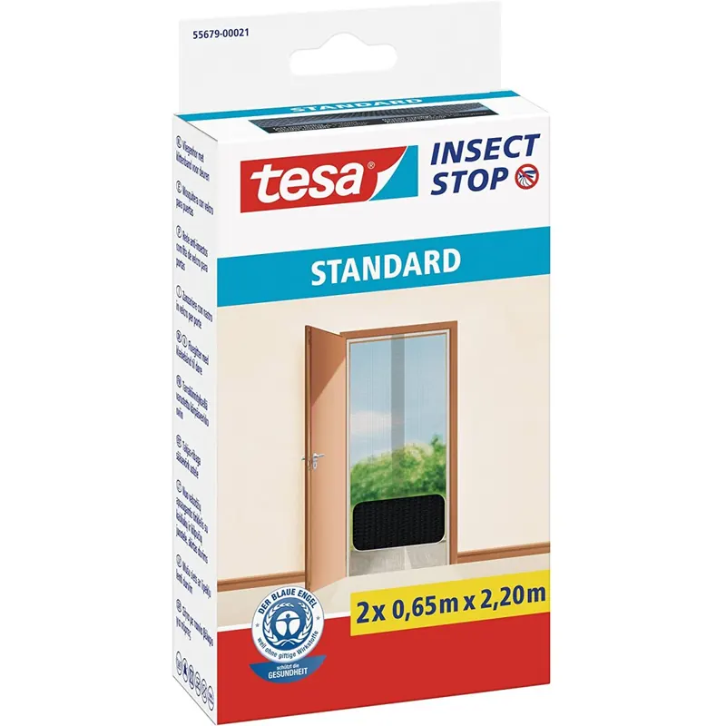 tesa Insect Stop STANDARD Fliegengitter für Türen - 2-tlg Insektenschutz Tür mit Klettband - Fliegen Netz ohne Bohren - Anthrazit, 2 x 65 cm x 220 cm