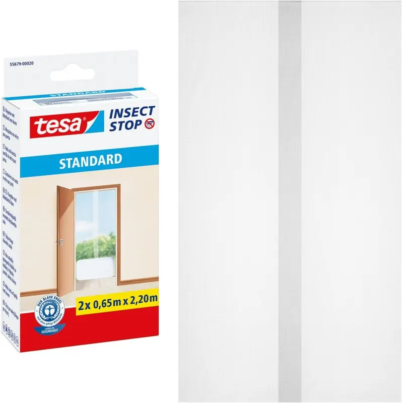 tesa Insect Stop STANDARD Fliegengitter für Türen - 2-tlg Insektenschutz Tür mit Klettband - Fliegen Netz ohne Bohren - Weiß, 2 x 65 cm x 220 cm