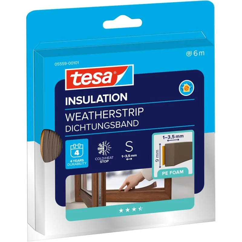 tesa INSULATION Dichtungsband S - 6 m x 9 mm x 4 mm - Braun - Selbstklebende Schaumstoff-Dichtung zum Isolieren von Fenstern und Türen, Schutz vor Kälte, Hitze, Lärm und Feuchtigkeit