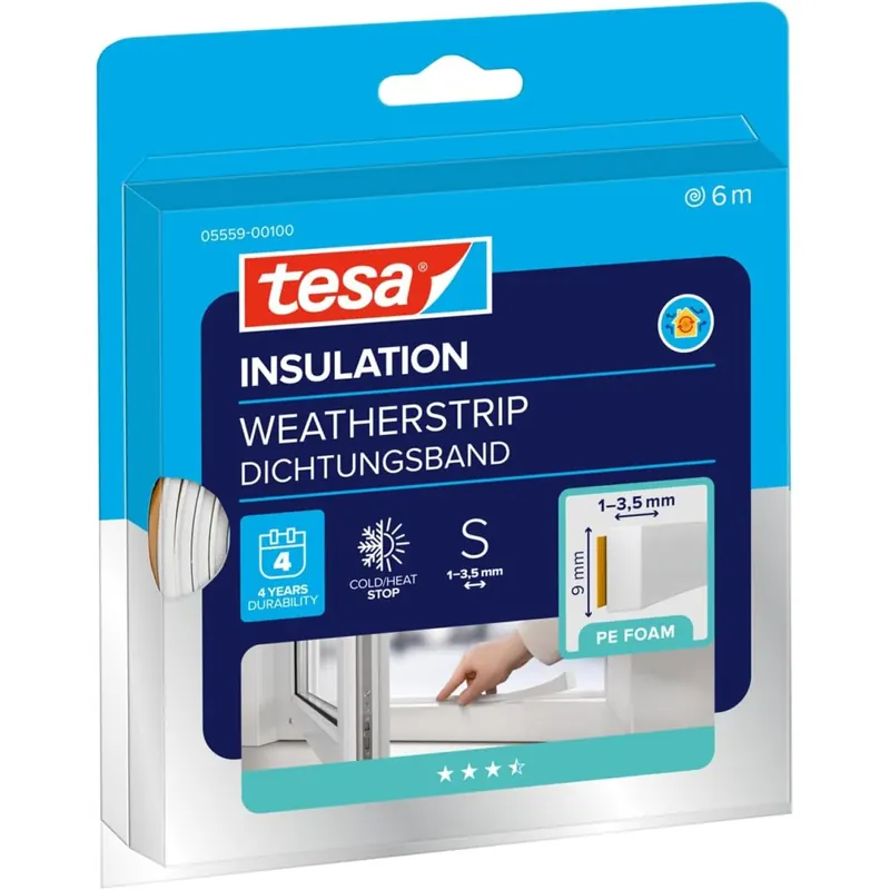 tesa INSULATION Dichtungsband S - 6 m x 9 mm x 4 mm - Weiß Selbstklebende Schaumstoff-Dichtung zum Isolieren von Fenstern und Türen, Schutz vor Kälte, Hitze, Lärm und Feuchtigkeit