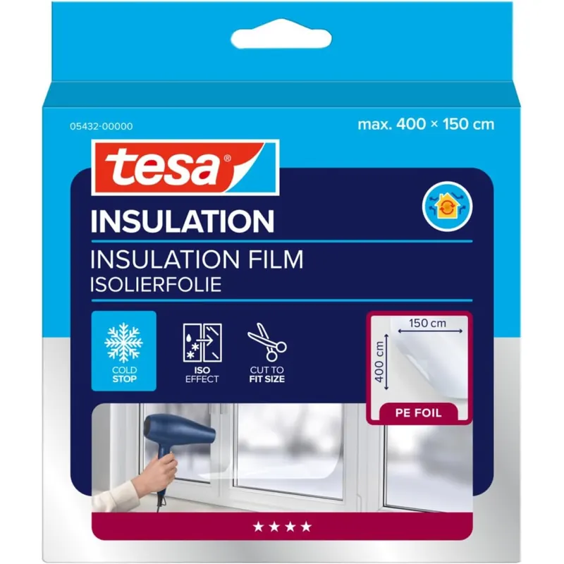 tesa INSULATION Fenster-Isolierfolie - Transparente Isolierfolie zur Wärmedämmung an Fenstern - Inklusive praktischer Klebelösung - 4 m x 1,5 m