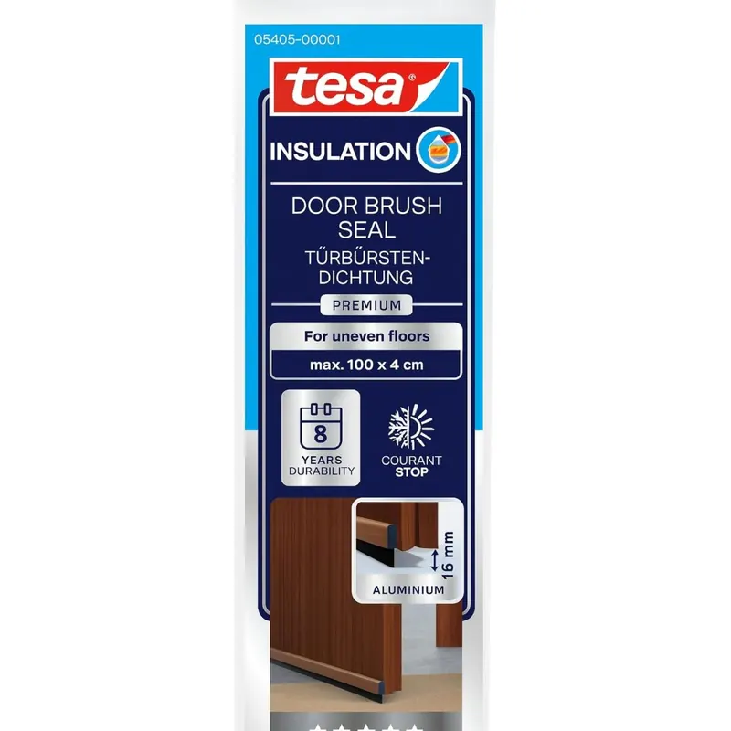 tesa INSULATION Premium Türdichtschiene für unebene Böden - Selbstklebende Alu-Türdichtung zum Schutz vor Zugluft - Braun - mit Bürstendichtung bis 15 mm