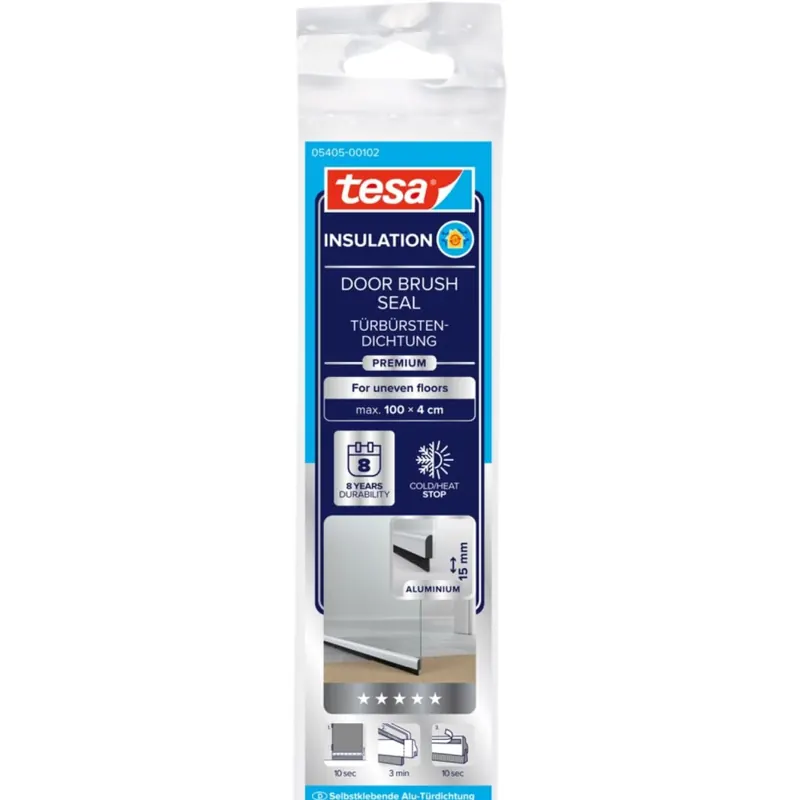 tesa INSULATION Premium Türdichtschiene für unebene Böden - Selbstklebende Alu-Türdichtung zum Schutz vor Zugluft - Edelstahl - mit Bürstendichtung bis 15 mm