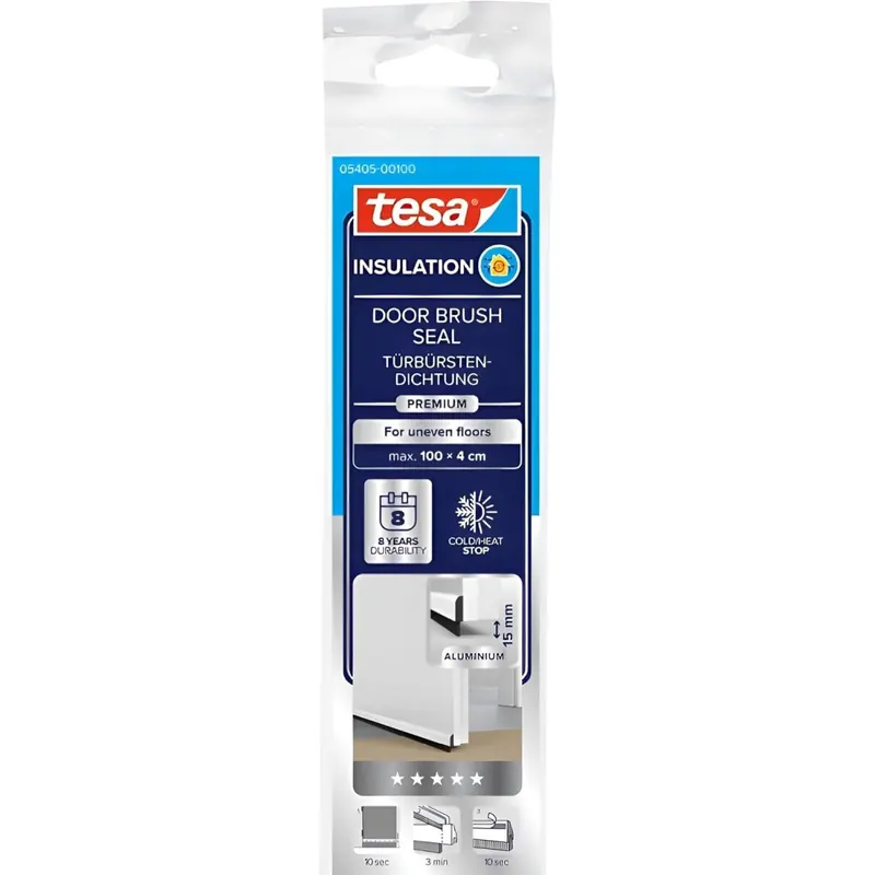 tesa INSULATION Premium Türdichtschiene für unebene Böden - Selbstklebende Alu-Türdichtung zum Schutz vor Zugluft - Weiß - mit Bürstendichtung bis 15 mm