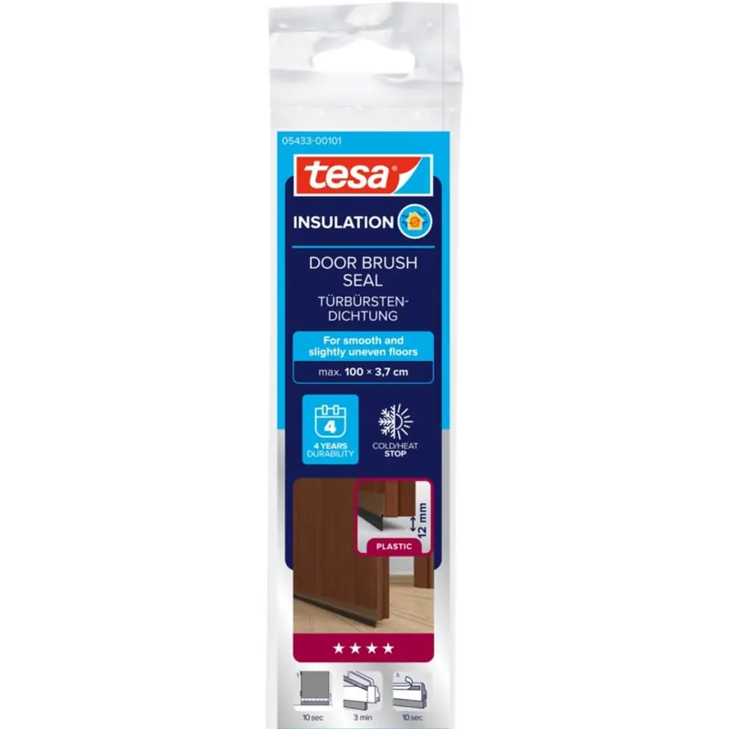 tesa INSULATION Türdichtschiene für glatte Böden - Selbstklebende Türdichtung zum Schutz vor Zugluft - Braun- mit Bürstendichtung bis 12 mm