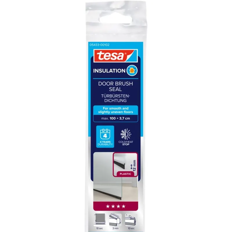 tesa INSULATION Türdichtschiene für glatte Böden - Selbstklebende Türdichtung zum Schutz vor Zugluft - Transparent - mit Bürstendichtung bis 12 mm