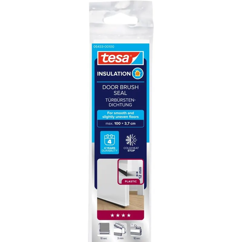 tesa INSULATION Türdichtschiene für glatte Böden - Selbstklebende Türdichtung zum Schutz vor Zugluft - Weiß - mit Bürstendichtung bis 12 mm