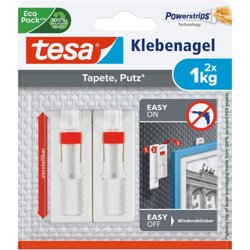 tesa Klebenagel für Tapeten und Putz / Selbstklebende Nägel für empfindliche Oberflächen / Leicht anzubringen und zu entfernen - rückstandslos / 2 x 1kg Halteleistung