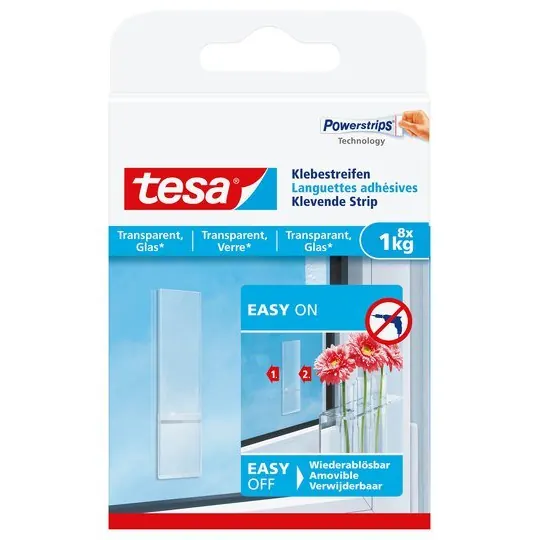 tesa Klebestreifen zum Befestigen auf transparentem Untergrund z.B. Glas, 1 kg Halteleistung, Weiß, 77733-00000-00