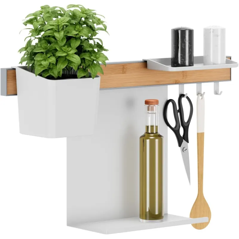 tesa Küchen-Organizer Kombi-Set S - selbstklebende Küchenleiste mit Kräutertopf, 2 Ablagen, Hakenleiste inkl. 3 Haken - Montage ohne Bohren - Bambus/Weiß