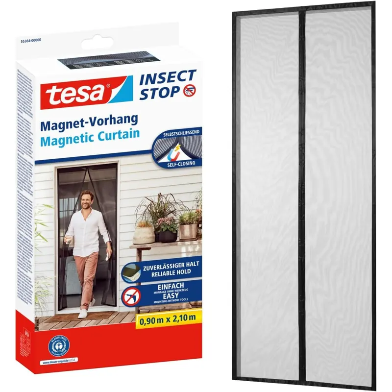 Tesa Magnetvorhang selbstschließend - Insektenschutzvorhang mit Magneten für Balkon und Terrassentüren - zur einfachen Montage ohne Bohren - 2.1 m x 0.9 m