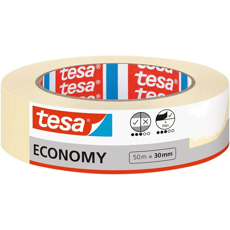tesa Malerband ECONOMY - Vielseitiges Klebeband für Malerarbeiten ohne Lösungsmittel - Bis zu 4 Tage nach Gebrauch rückstandslos entfernbar, 50 m x 30 mm