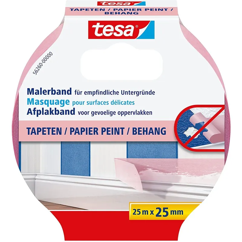 tesa Malerband TAPETEN – Dünnes Abdeckband für präzises Abkleben – geeignet für empfindlichen Oberflächen im Innenbereich – 25 m x 25 mm