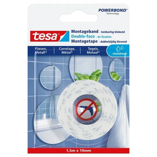 tesa Montageband Fliesen, feuchtraumbeständig 5 m x 19 mm