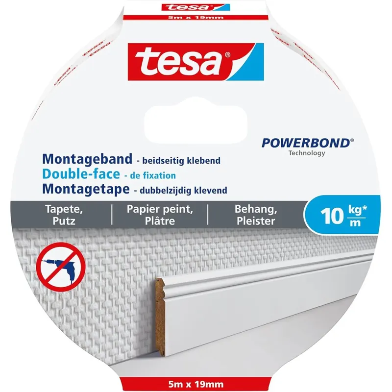 tesa Montageband Tapete & Putz, 10 kg Haltekraft pro Meter - starkes, doppelseitiges Montageklebeband zur Befestigung auf Gips und Tapeten - 5 m x 19 mm