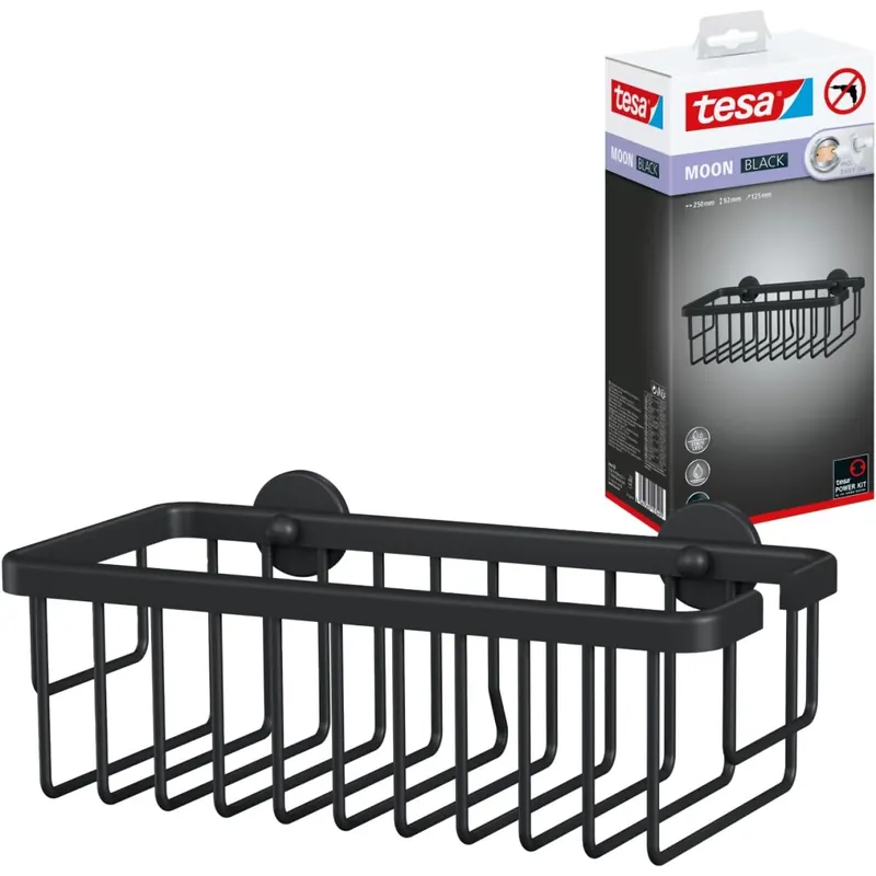 tesa MOON BLACK Duschablage zur Wandmontage ohne Bohren, schwarz matt - einstöckig und extra tief - für Bäder im Industrial Style und moderne Badezimmer