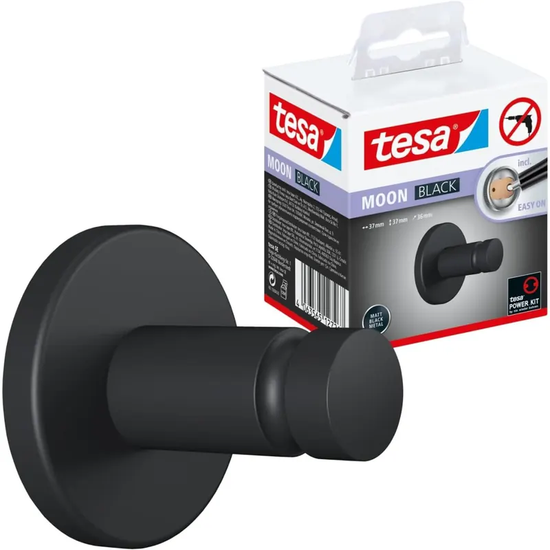 tesa MOON BLACK Handtuchhaken, matt schwarz, für Bad & WC - für Bäder im Industrial Style und moderne Badezimmer - bohrfrei, inkl. Klebelösung